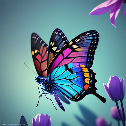 Vibrant Butterfly Perched on Delicate Flower in Hyperrealist...