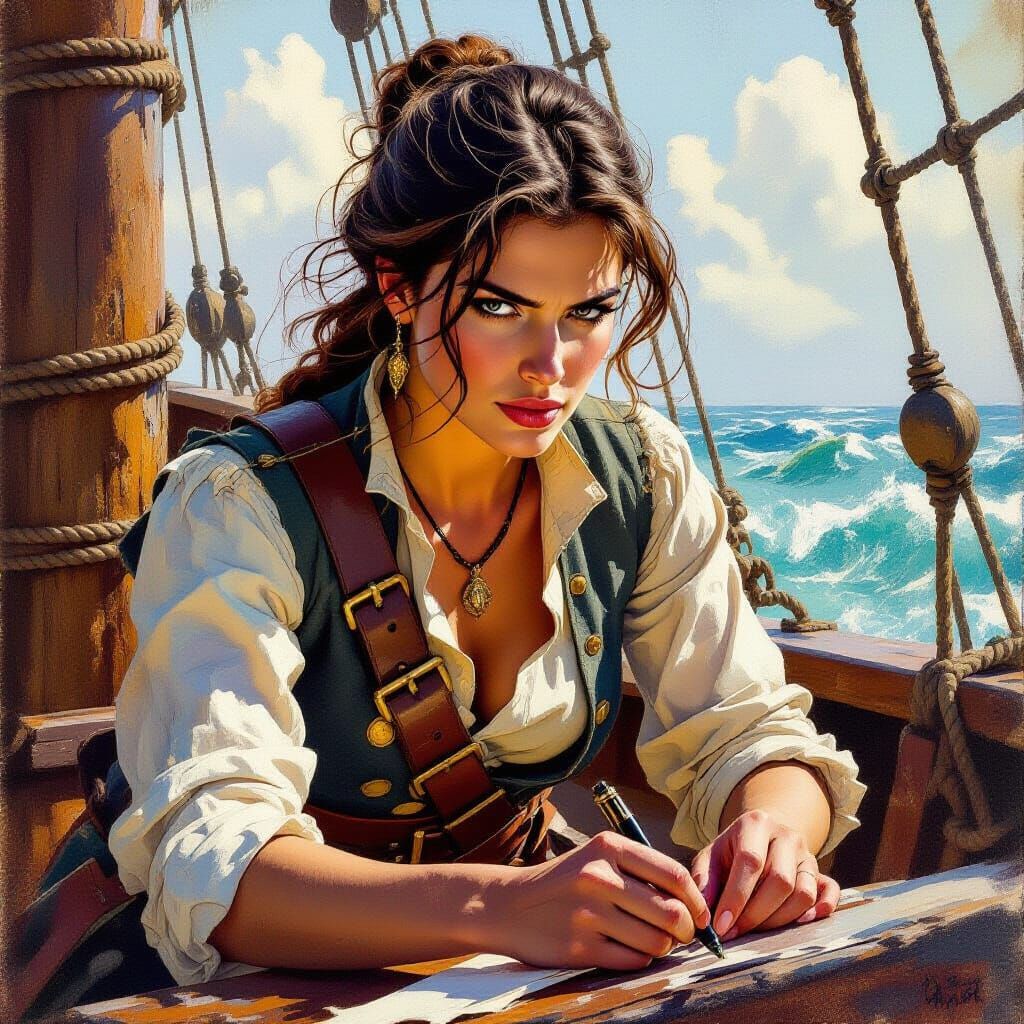 Determined Pirate Woman Focused on Shipboard Work - Gouache ...