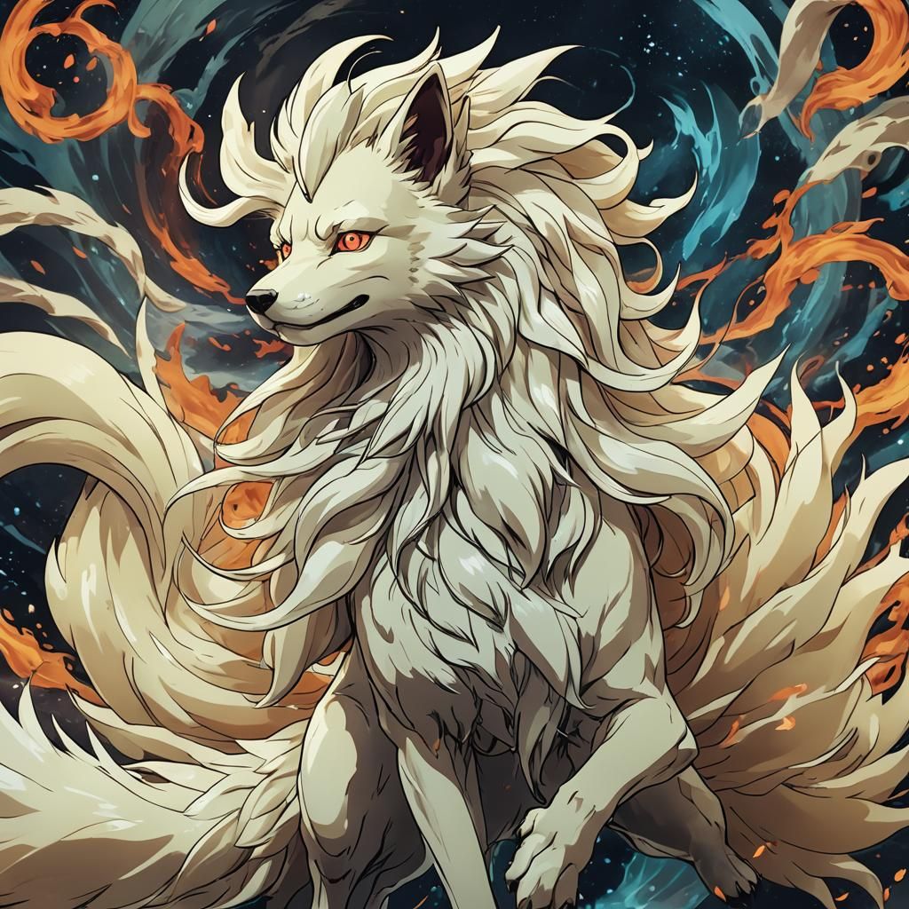 Cel-Shaded Ninetails Fox in Manga Style