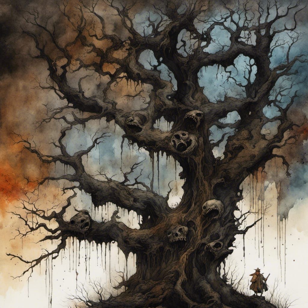 Terrifying Haunted Dead Tree in Watercolour Style