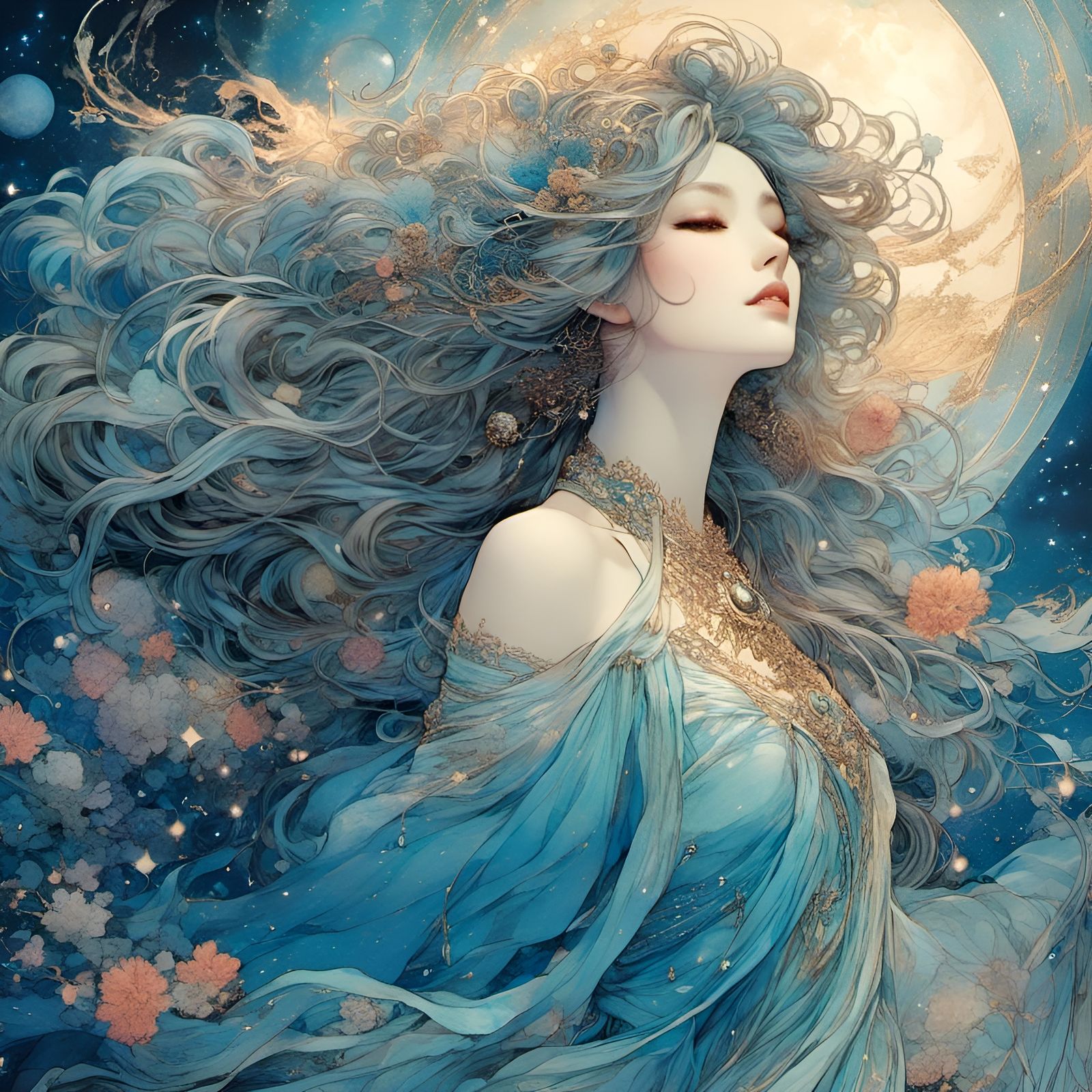 Whimsical Woman in Astral Dress Drawing