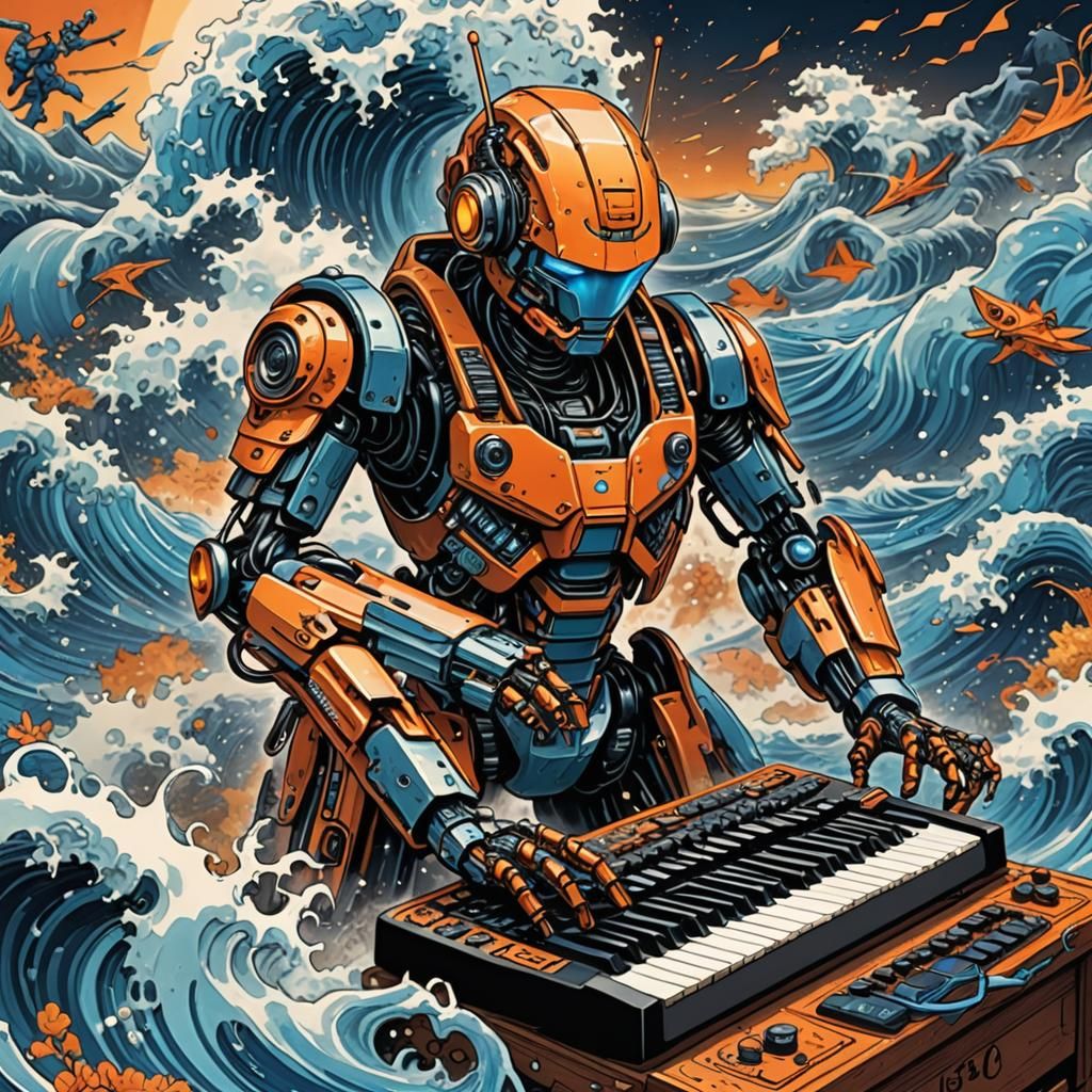 Keyboard Robot Rides Tsunami Wave Art