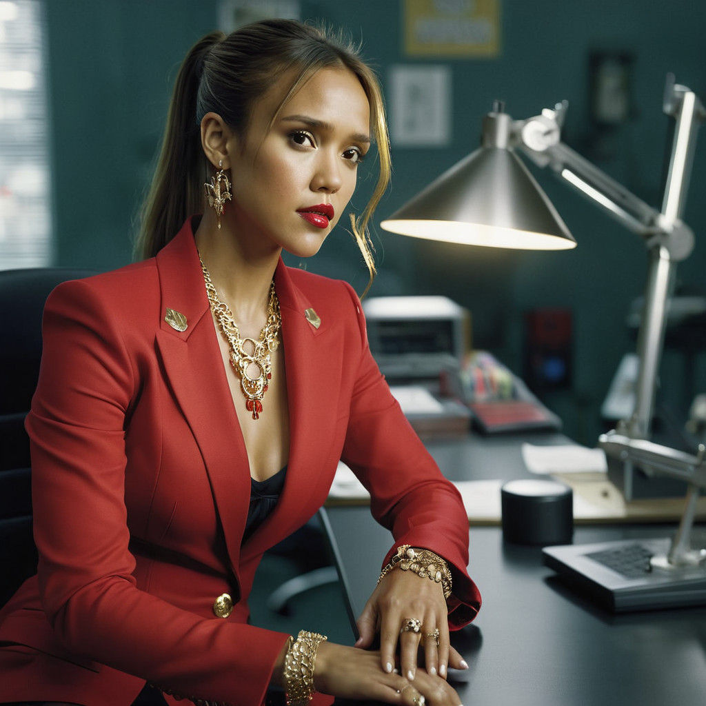 Cinematic Portrait of Jessica Alba in Dramatic Red Suit