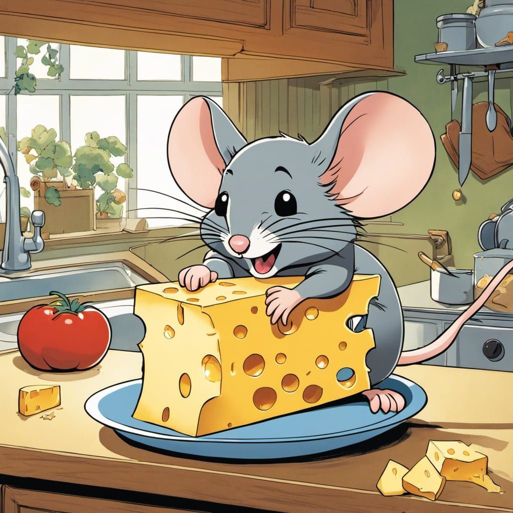 Mouse Munching Cheese: Cartoon Style Illustration