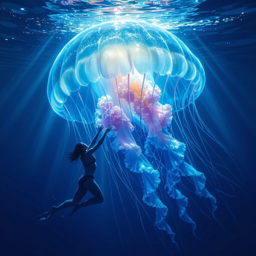 Diver Grapples Giant Glowing Jellyfish in Deep Blue Ocean
