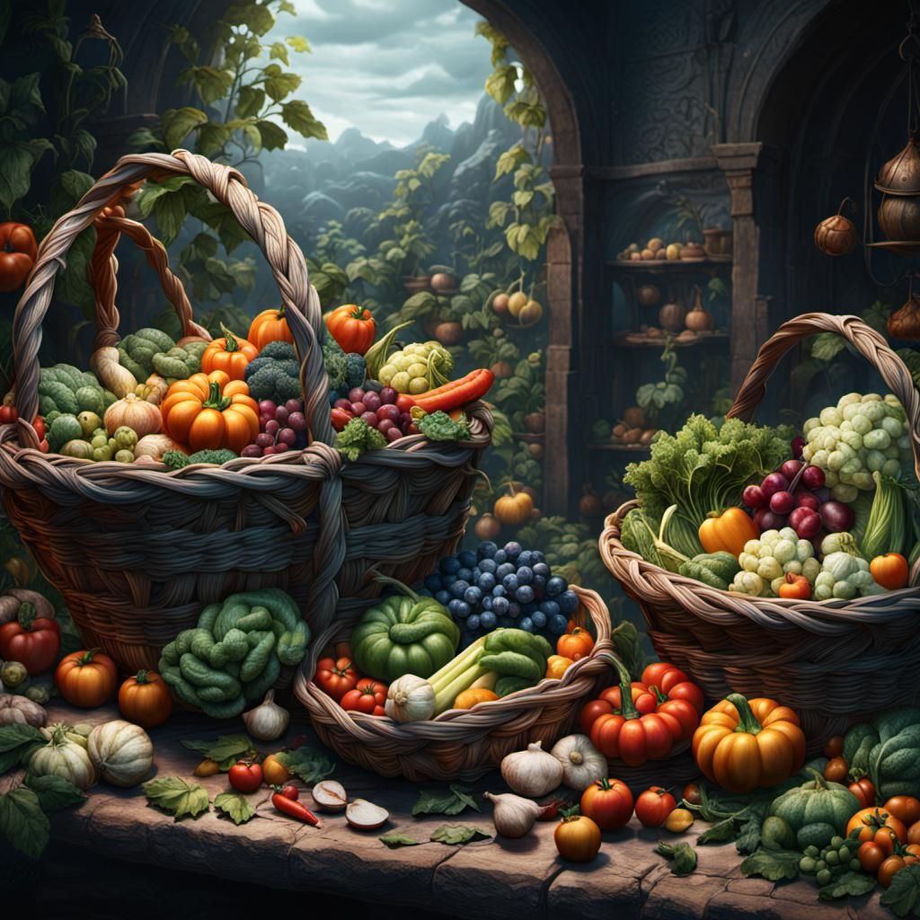 Baskets of Seasonal Vegetables: Detailed Matte Painting