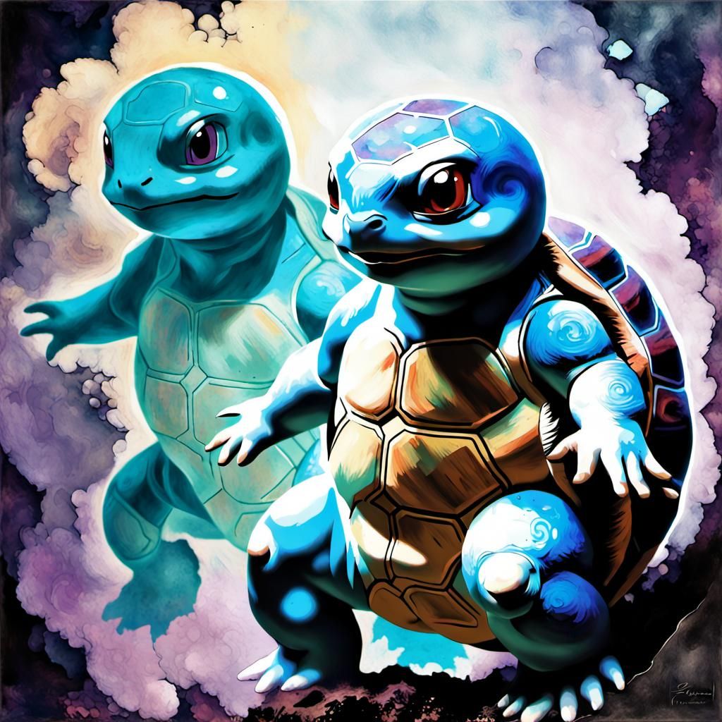 Squirtle Silhouette in Anime Style with Dream Effects