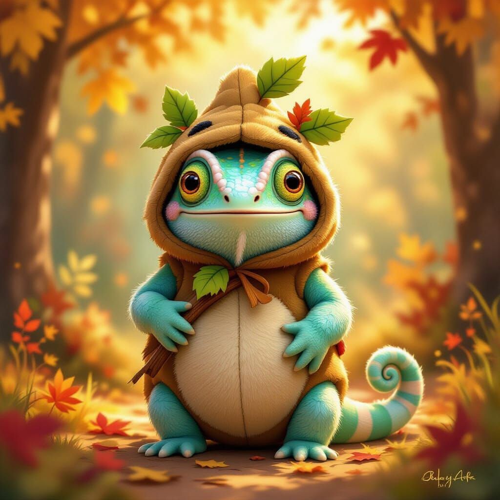 Fluffy Chameleon in Tree Costume in Autumn Forest