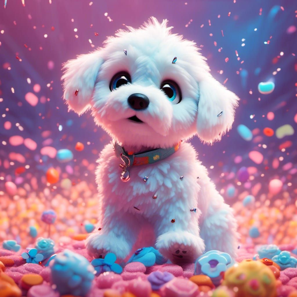Bichon Maltese Puppy with Toy, Pastel Illustration