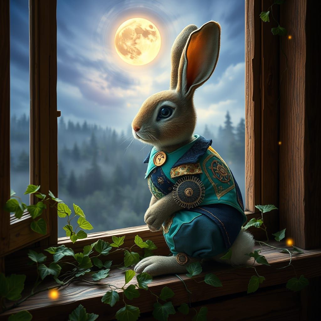 Enchanted Patchwork Bunny in Whimsical Woodland Scene