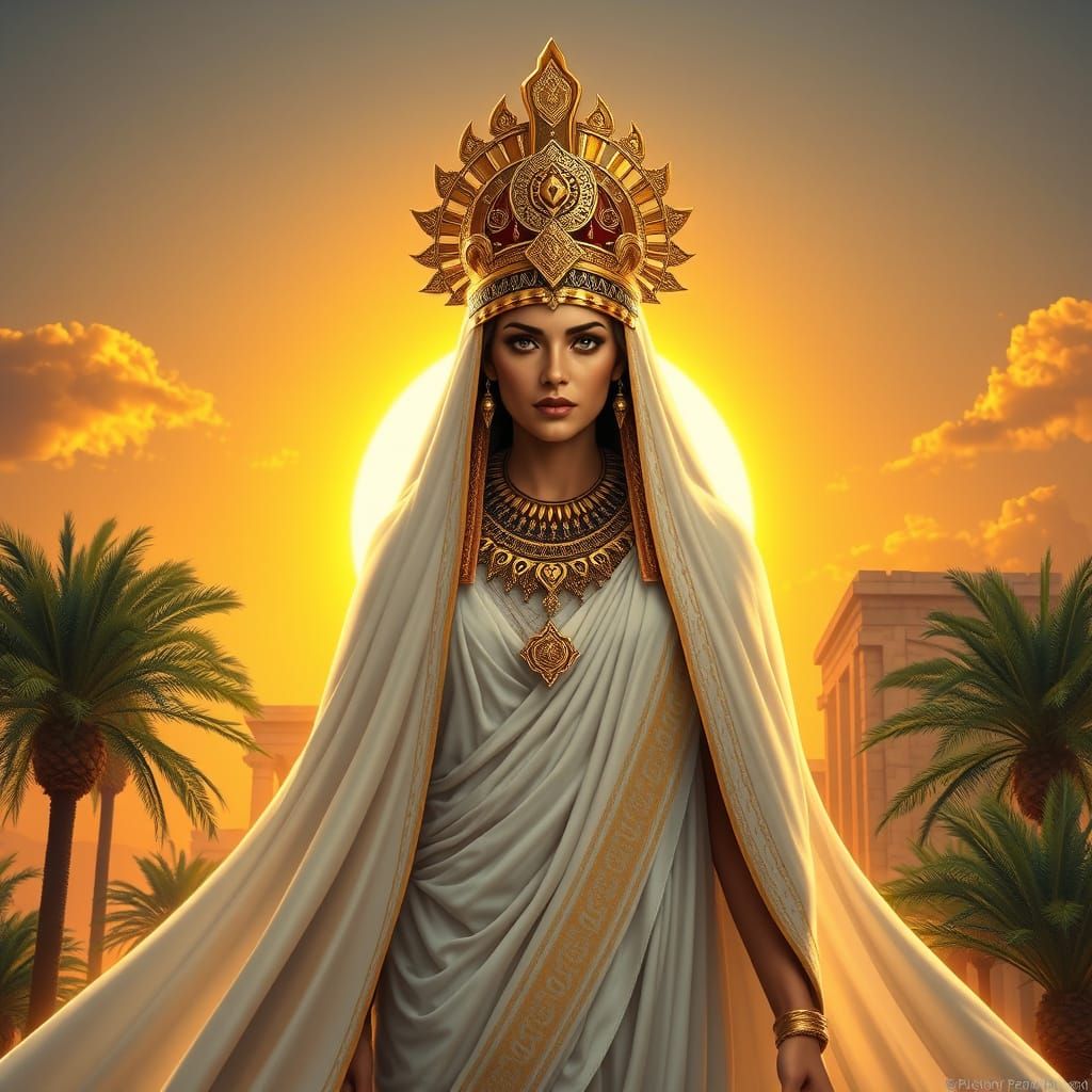 Regal Akadian Goddess Ishatar in Ancient Temple Setting