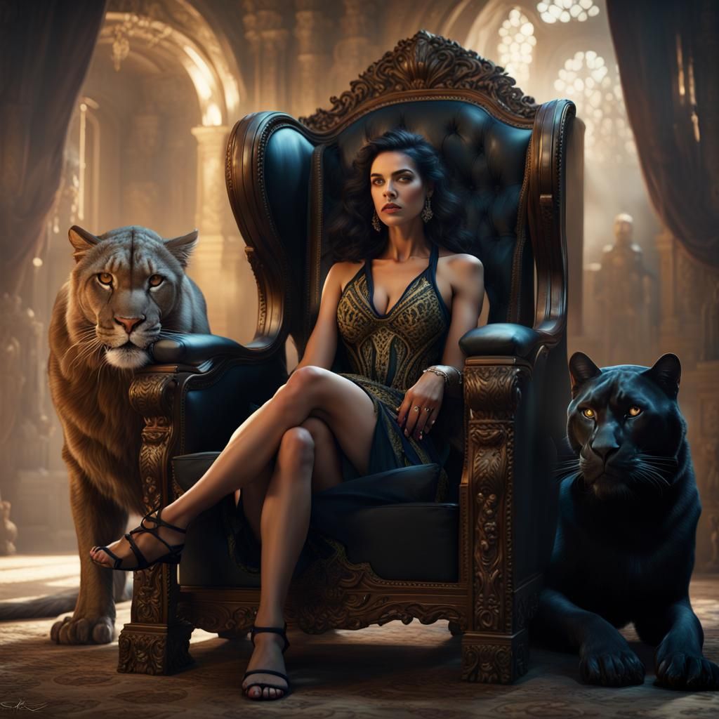 Woman with Lion and Panther: Fantasy Concept Art