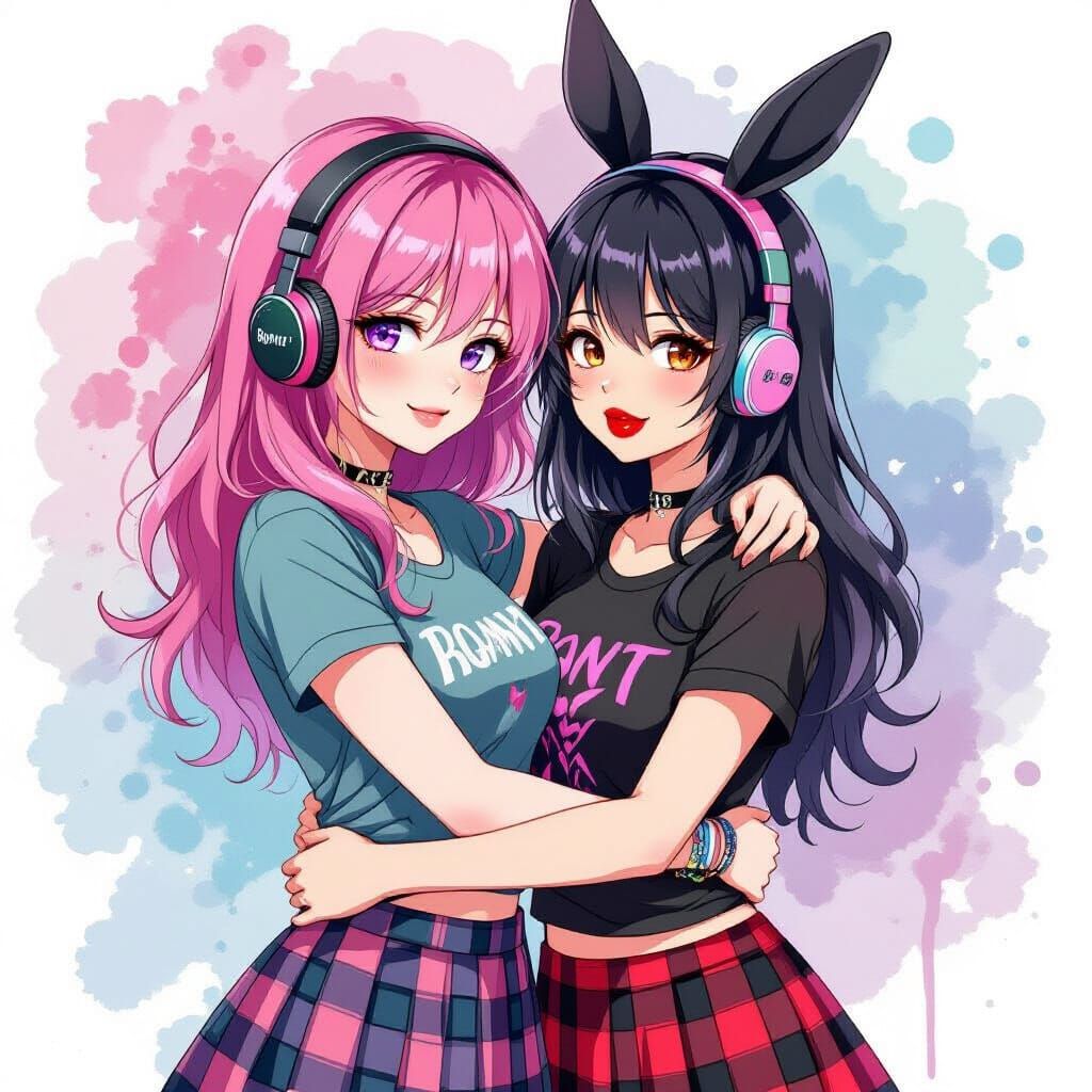 Pink and Black Haired Women Hug in Watercolor Style
