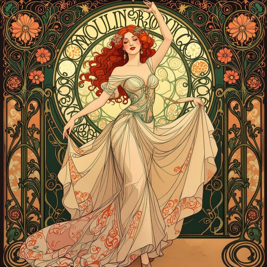 Redhead Dancer at Moulin Rouge in Art Nouveau Style