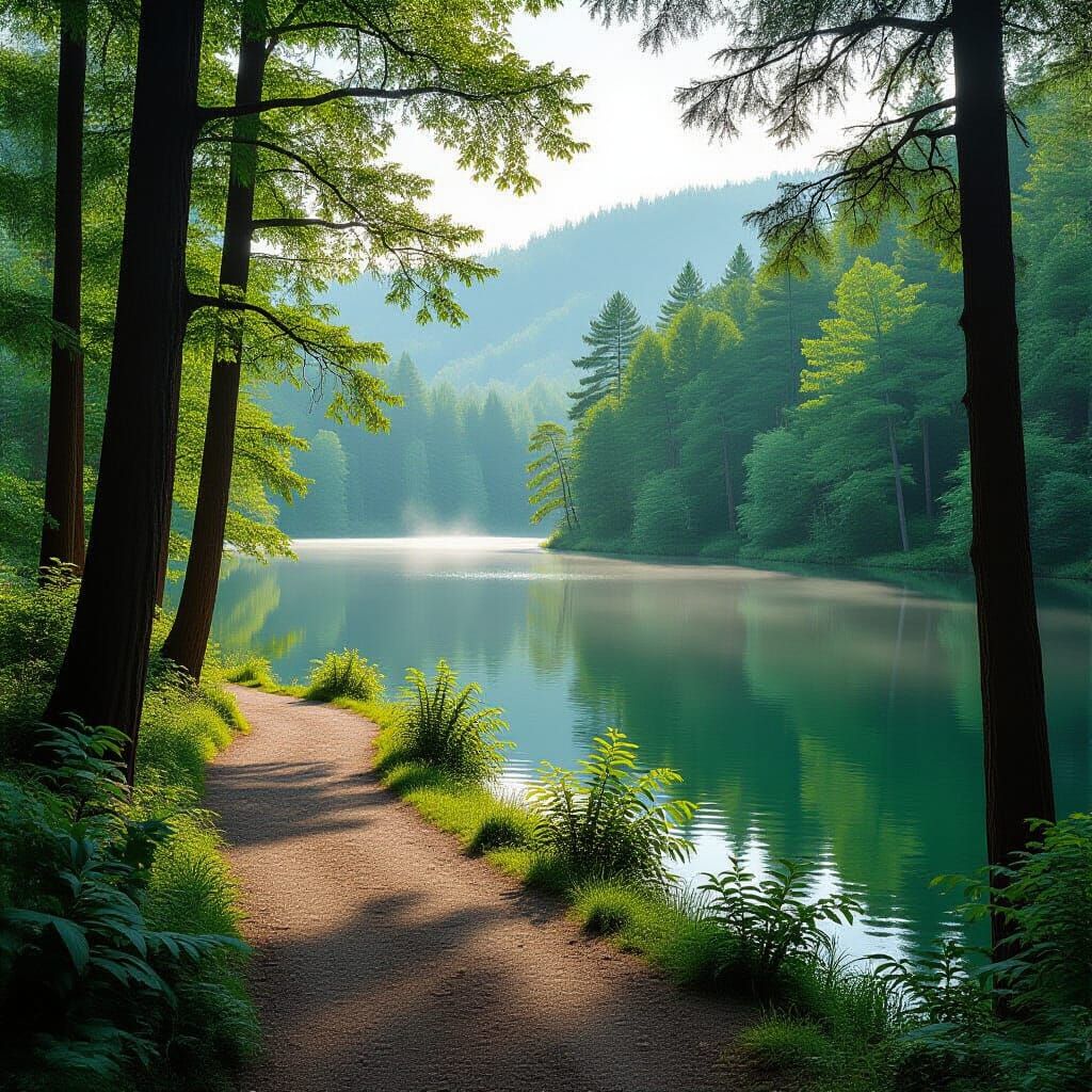 Serene River Path to Secluded Pond in Romantic Landscape Sty...