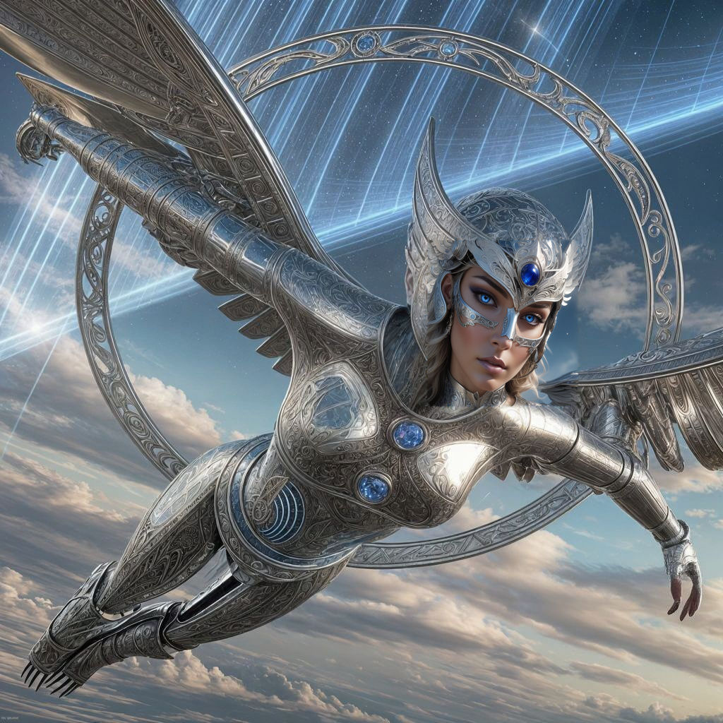 Celestial Valkyrie Soaring into Battle in Retrofuturistic St...