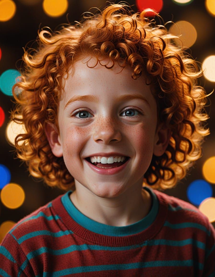 portrait of a five year old red curly excited boy