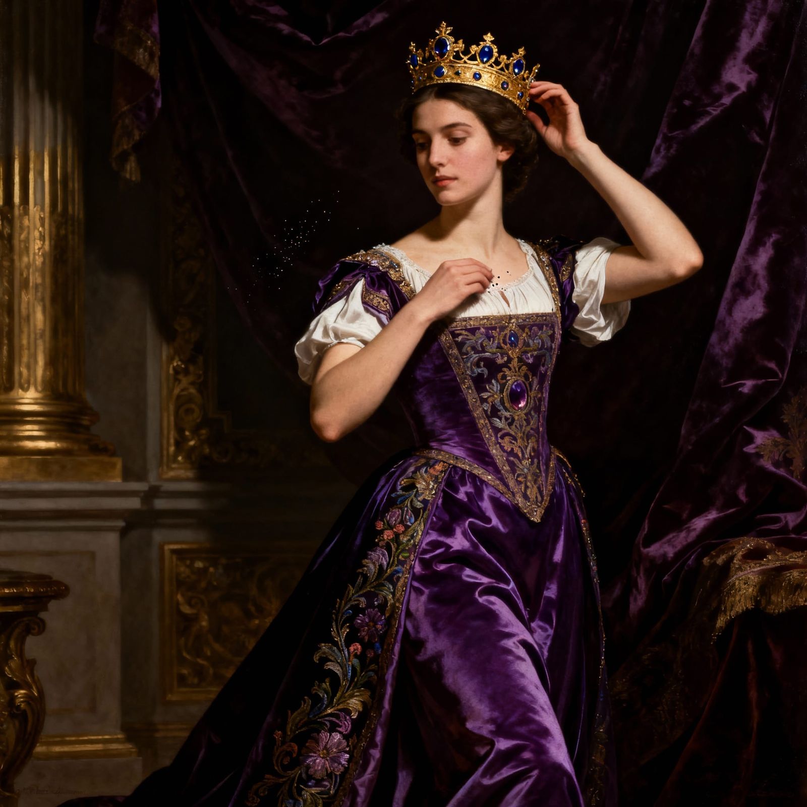 Regal Woman Adjusts Crown in Baroque Style