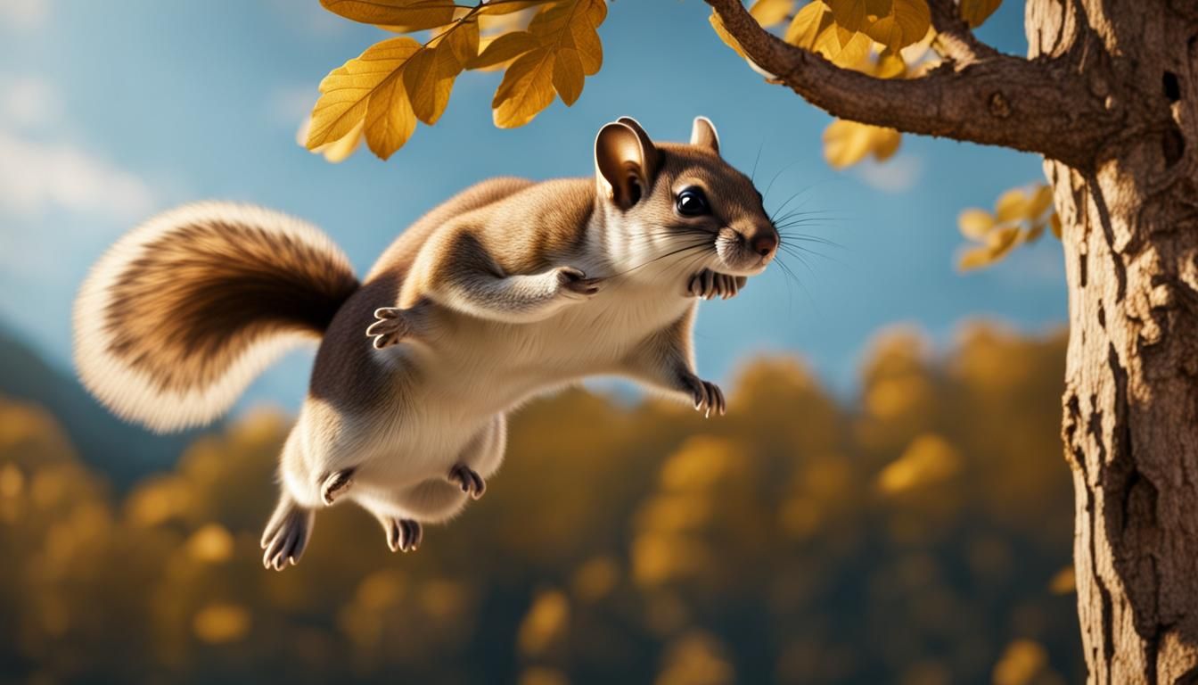 Flying Squirrel Leaping from Tree: Photorealistic 8K