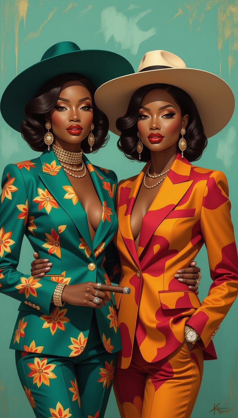 Two Confident Women in Bold Suits, Painterly Portrait