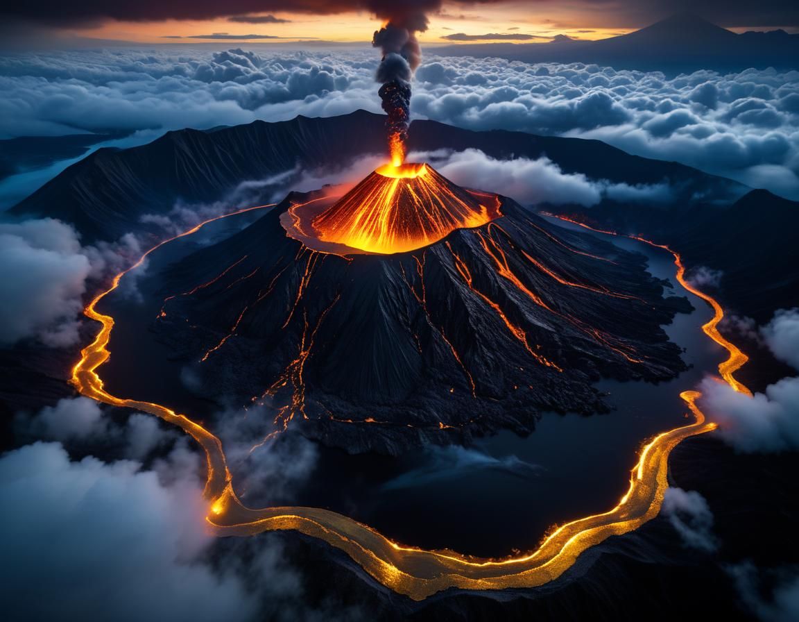 Spectacular Volcano at Night with Rivers of Gold