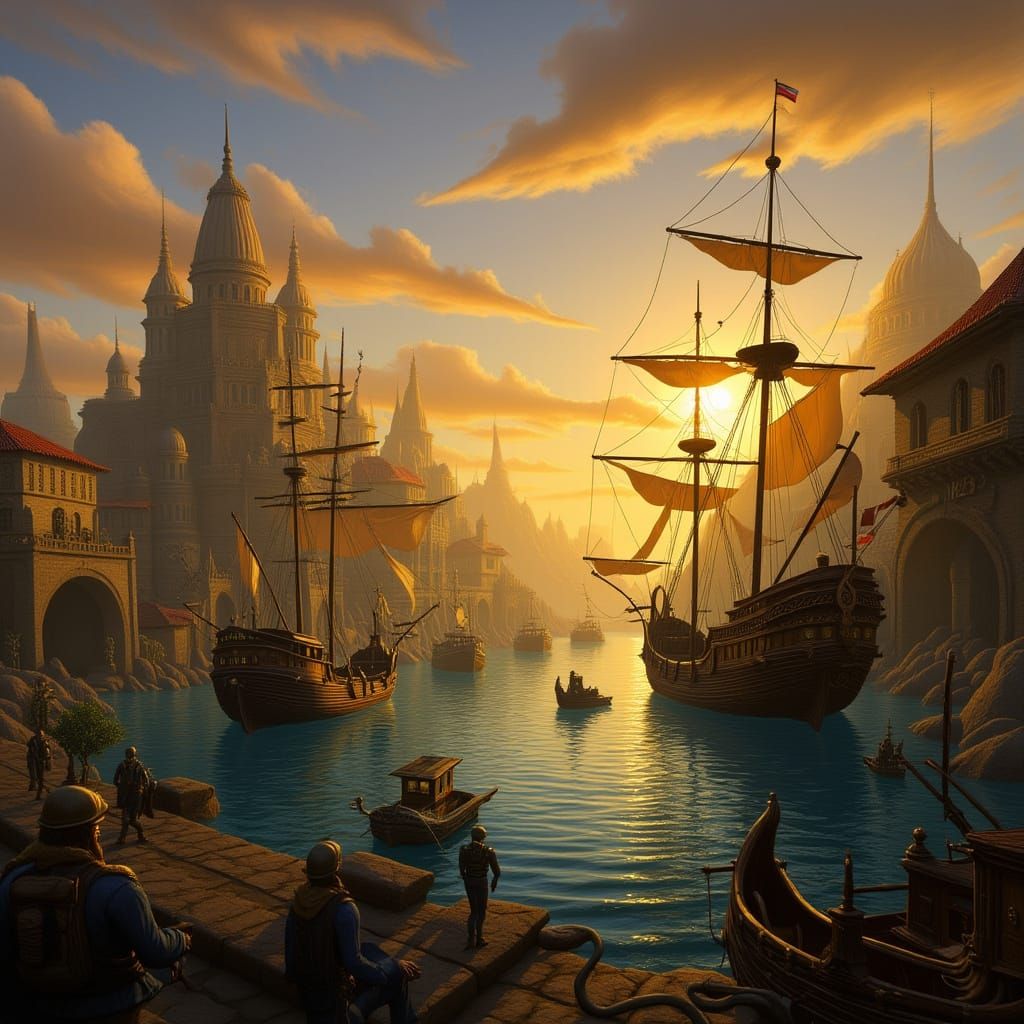 Tranquil Harbor Sunrise with Steampunk City Elements