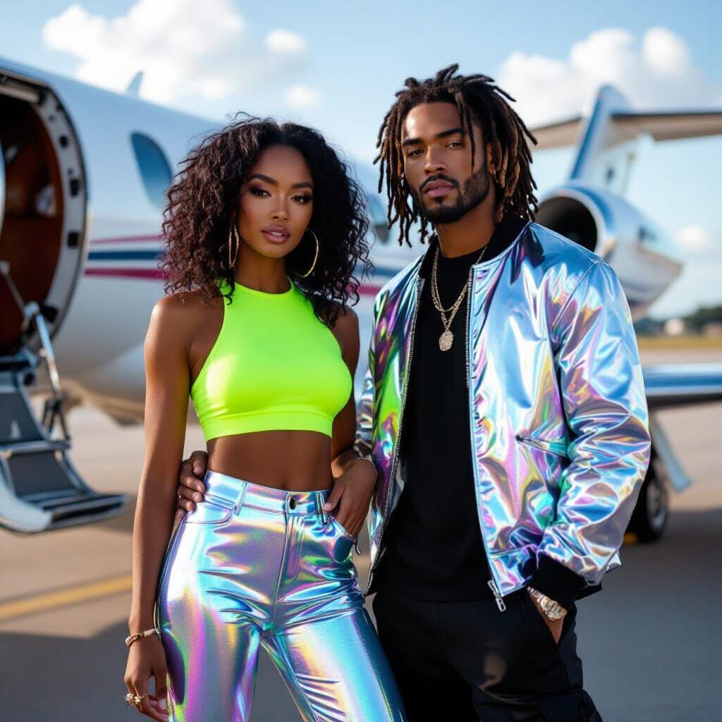 Fashion Editorial: Woman and Man in Neon and Metallic Outfit...