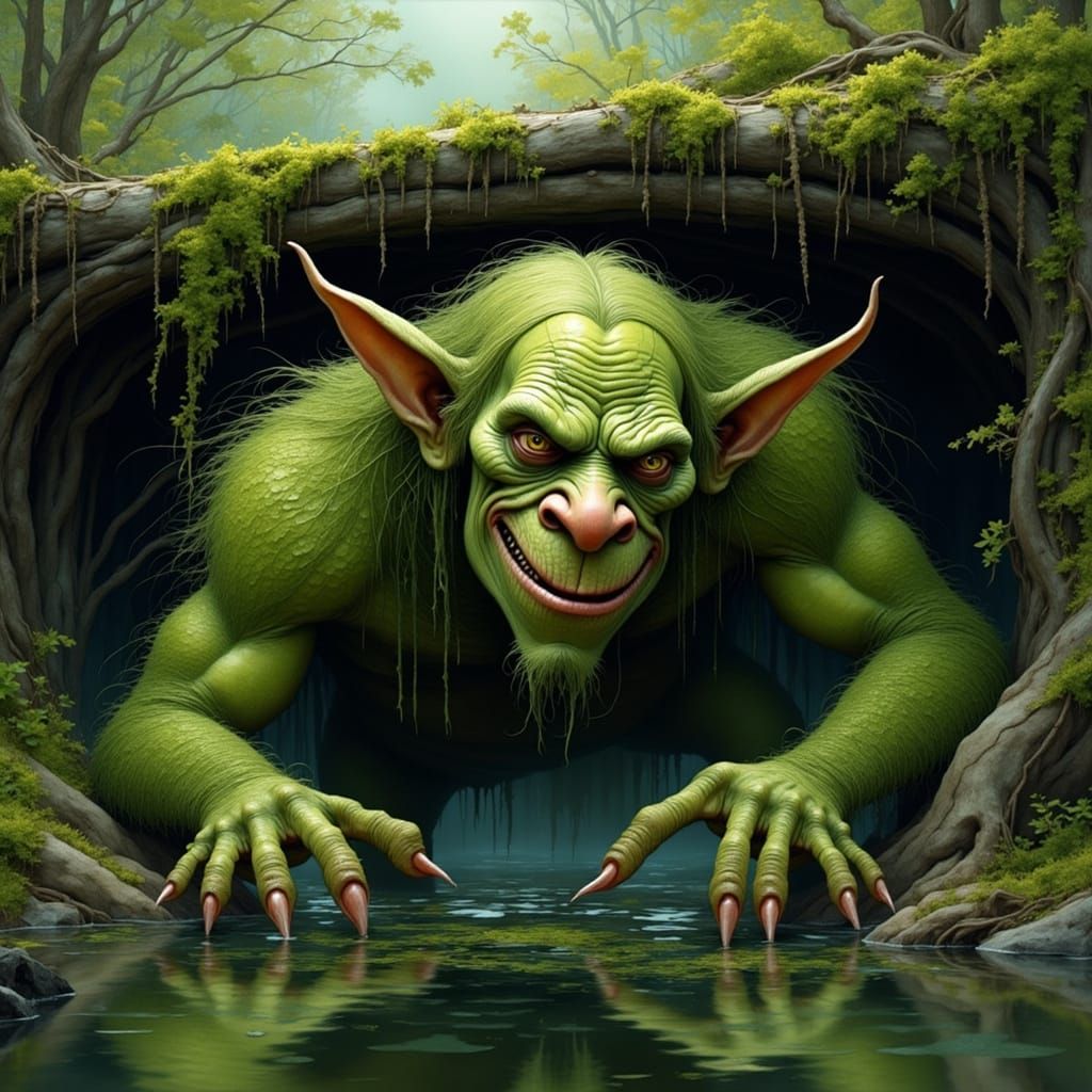 Mischievous Moss Troll Under Rickety Bridge in Dark Fantasy ...
