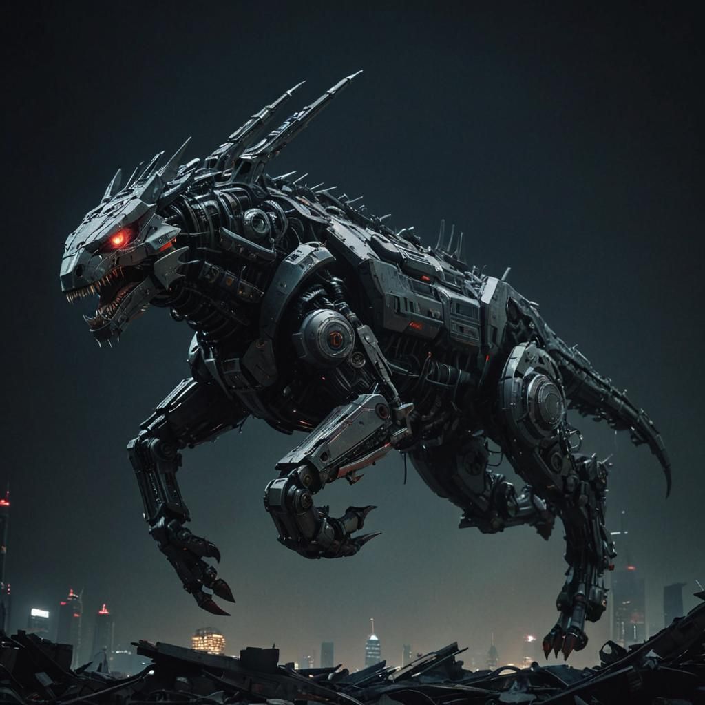 Cyberpunk Mechanical Carnivore Dominates Neon-Lit Abandoned....