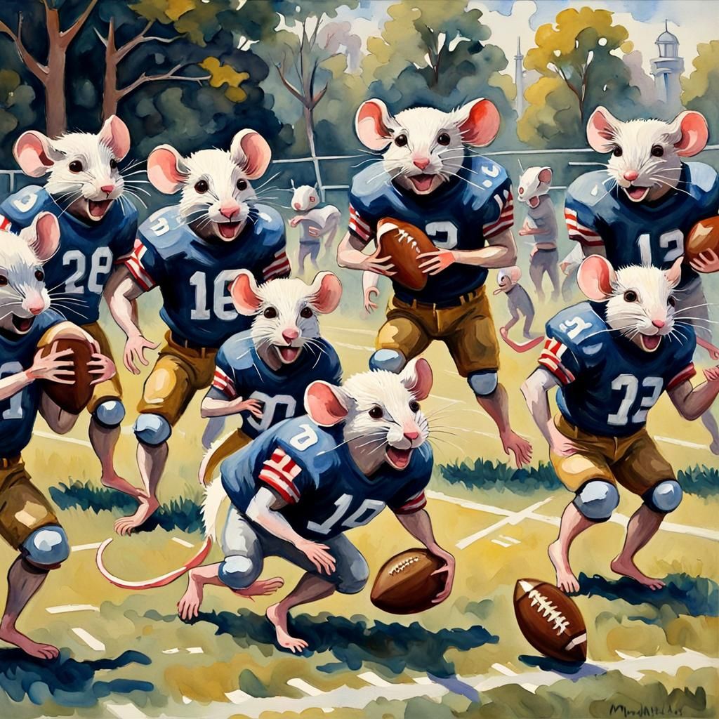 Blind Mice Play Football in Gouache Style