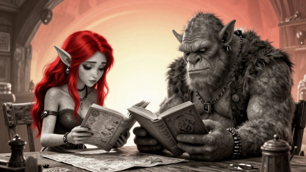 Goblin and Troll Reading in Rustic Tavern, Fantasy Art