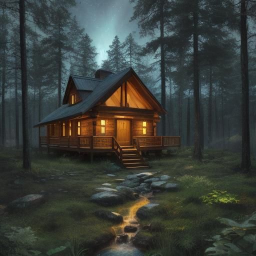 Night Cabin by Waterfall in Deep Forest