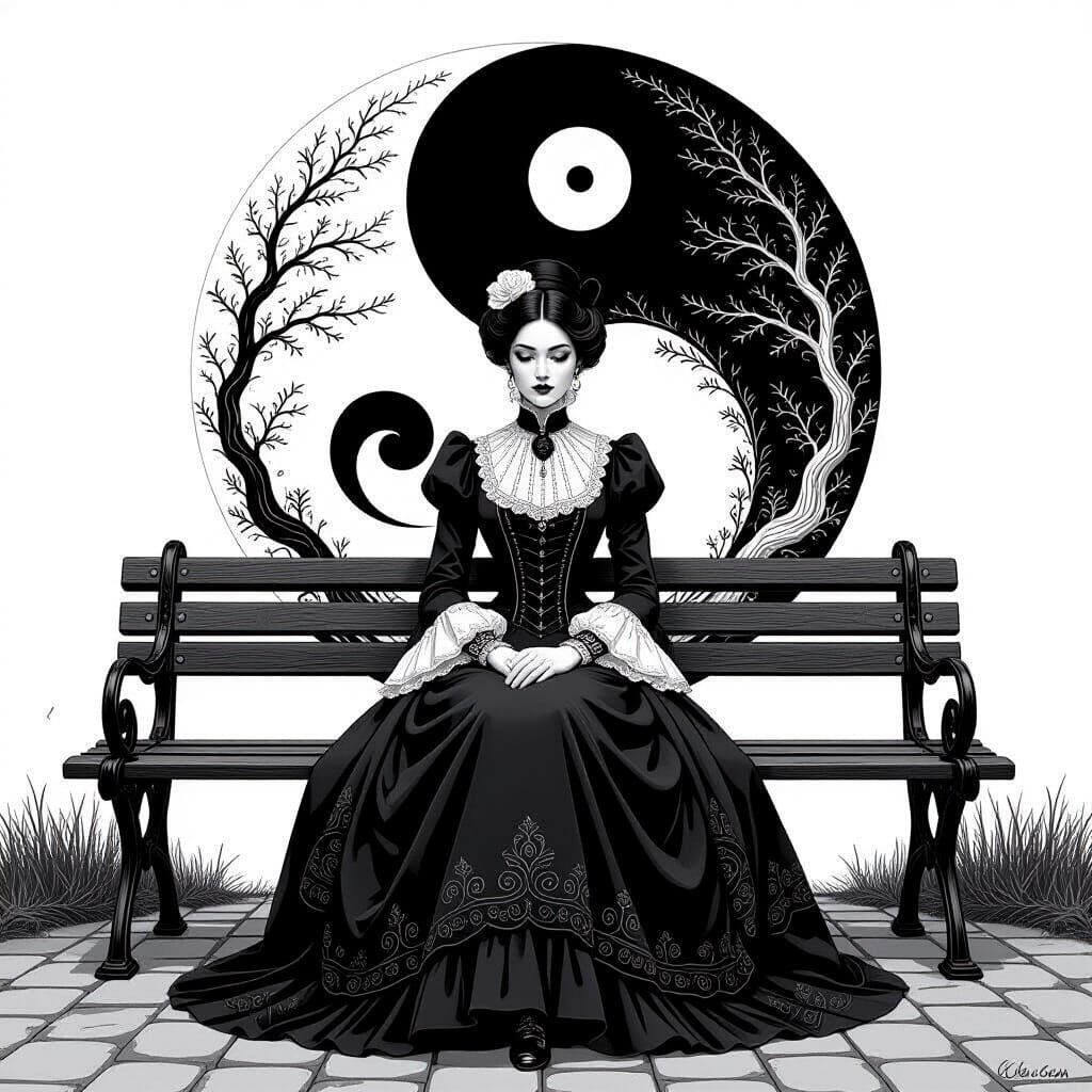 Victorian Woman in Yin-Yang Scenery, Digital Painting Style