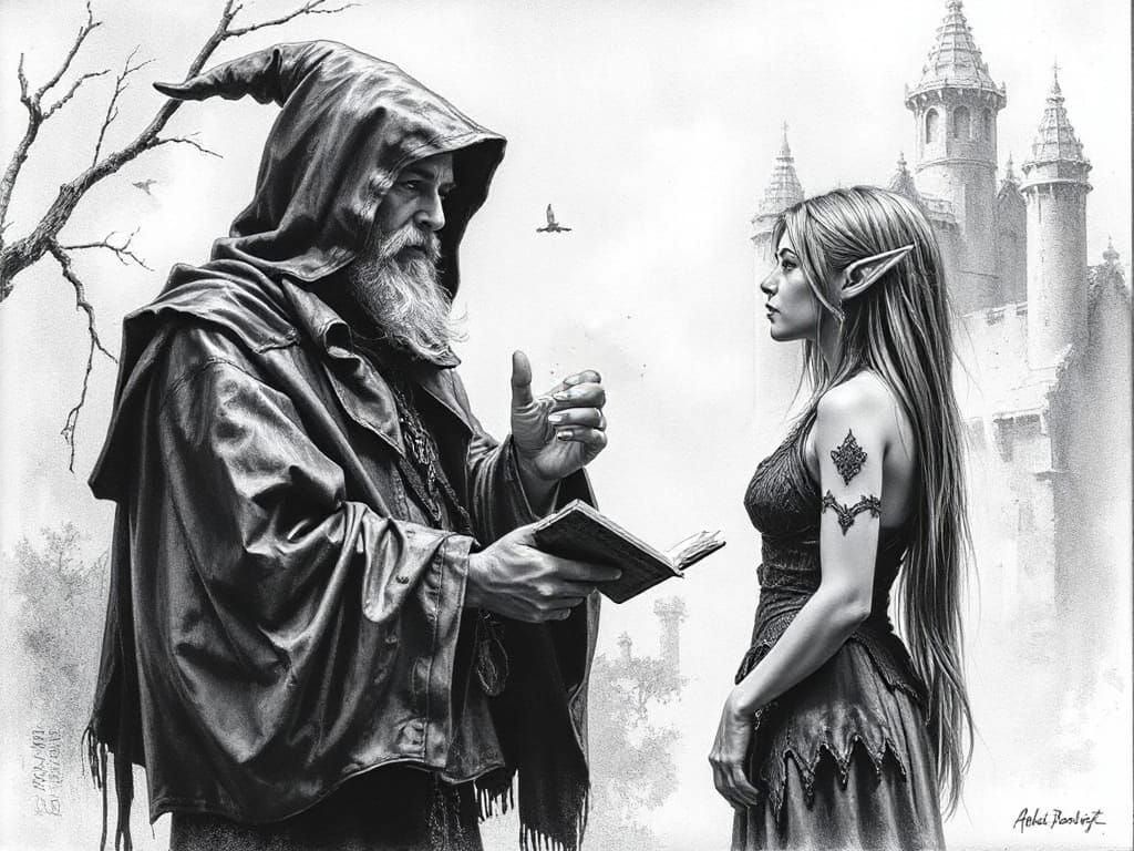 Old Man Points Forward in Charcoal Sketch Style