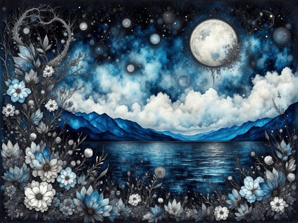 Watercolor Cracked Landscape with Black Sea and Blue Lightni...