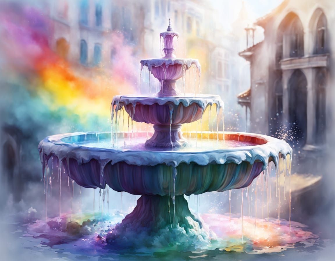 Surreal Fountain of Light and Paint in Watercolor Style