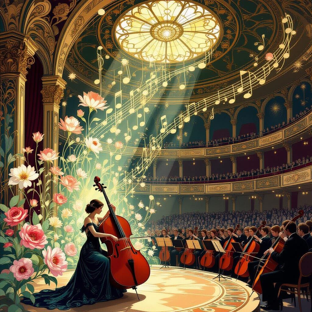 Art Nouveau Concert Hall with Golden Musical Flowers