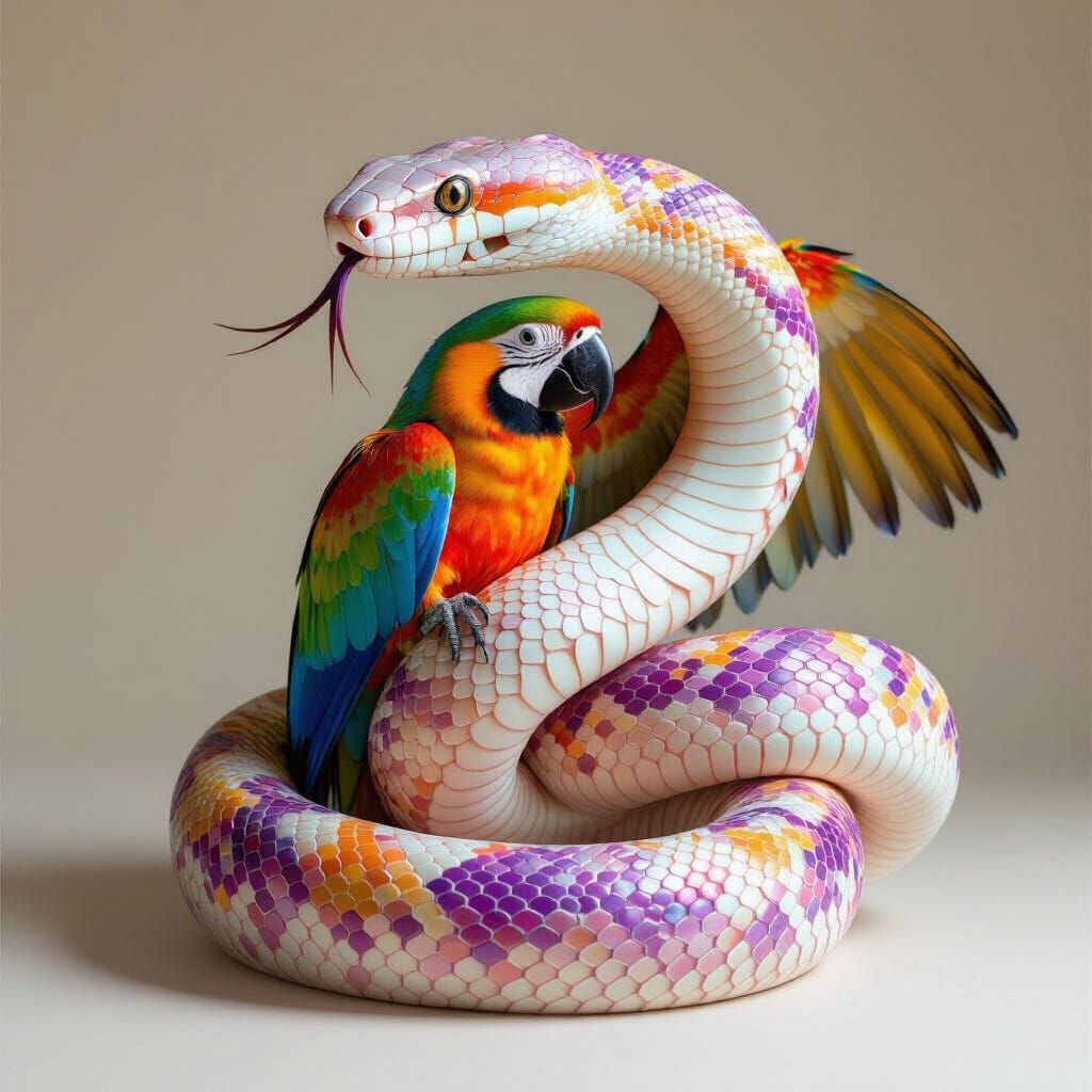 Serpent Consumes Parrot in Surreal Fashion Still Life