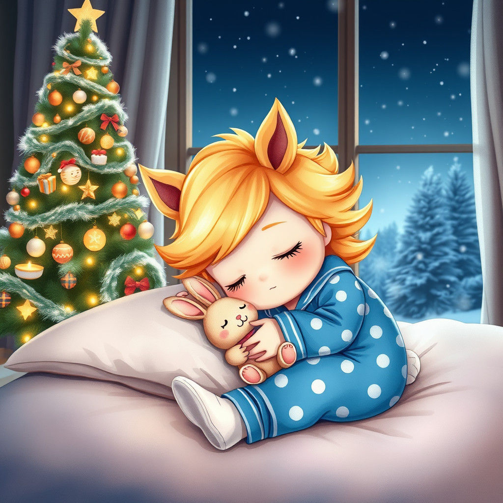 Chibi Boy Sleeps in Cozy Christmas Scene