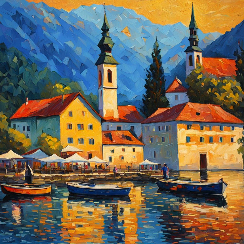 Lake Bled, Slovenia: Neo-Impressionist Expressionist Oil Pai...