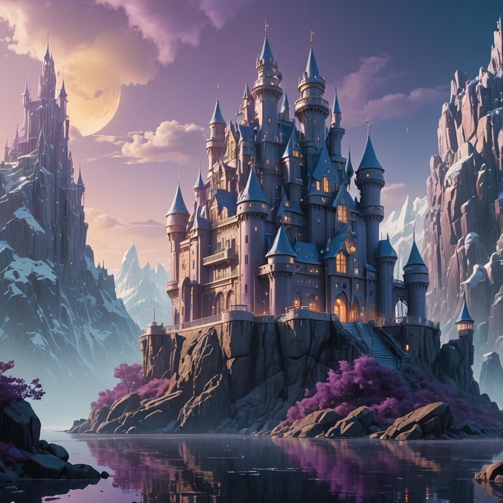 Silver Glass Castle on Floating Island: Fantasy Art