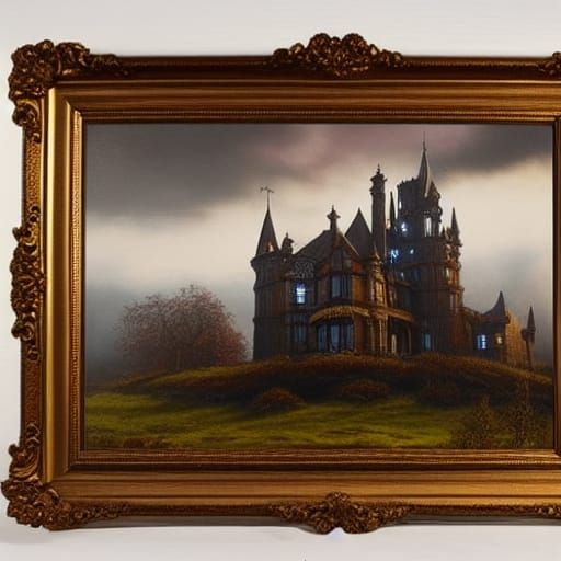 Victorian Castle on Hill, Oil Painting