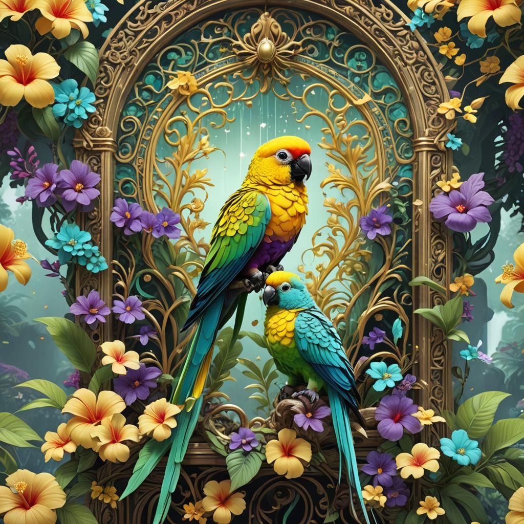Opalescent Sun Conure near Ornate Portal