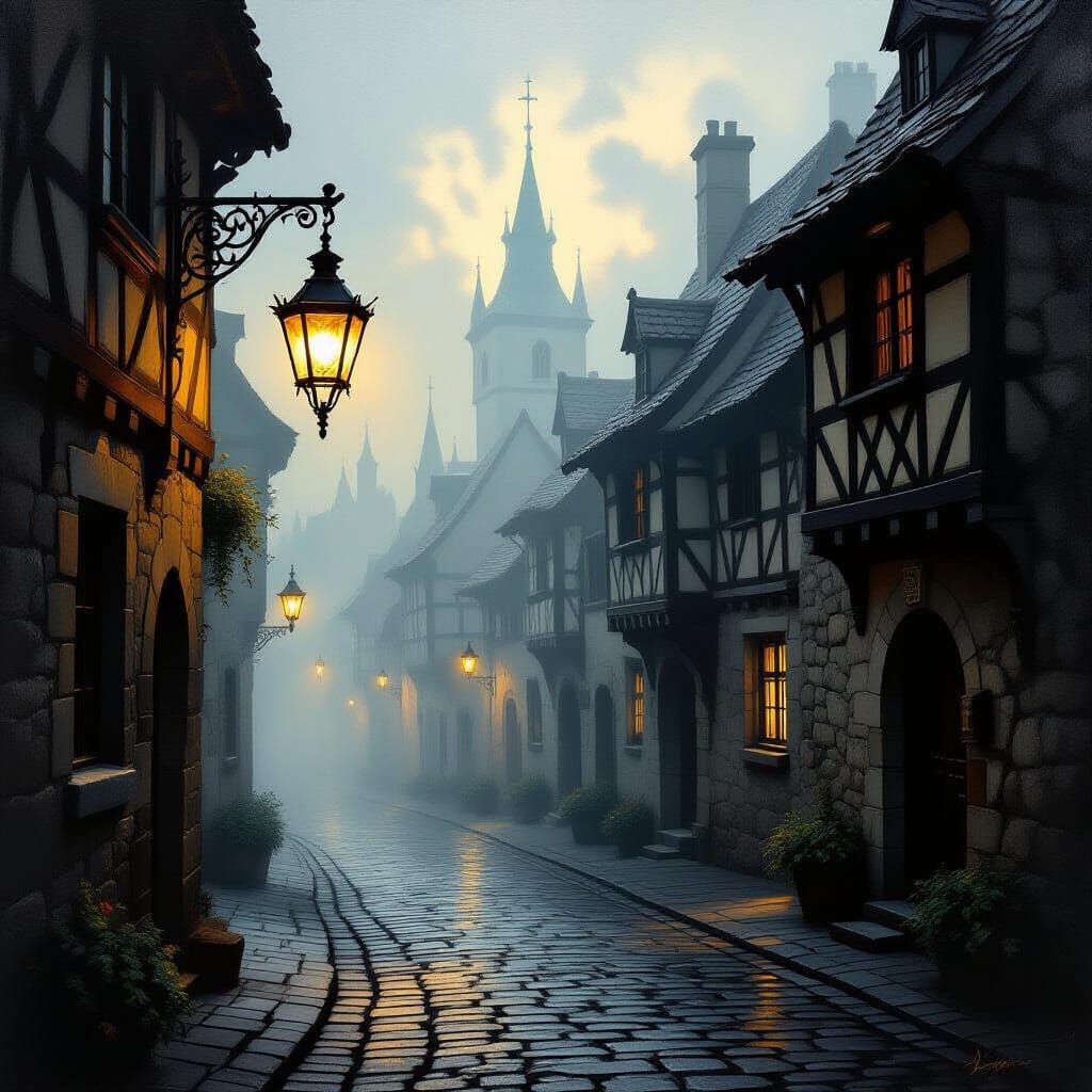 Lantern's Glow: Medieval Street in Rembrandt Style