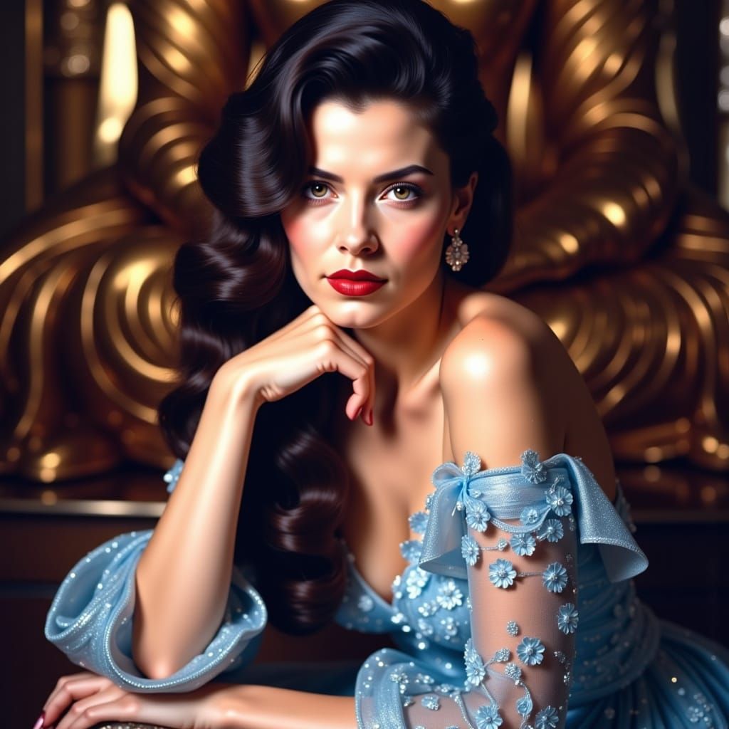 French Woman in Blue Gown Before Golden Buddha