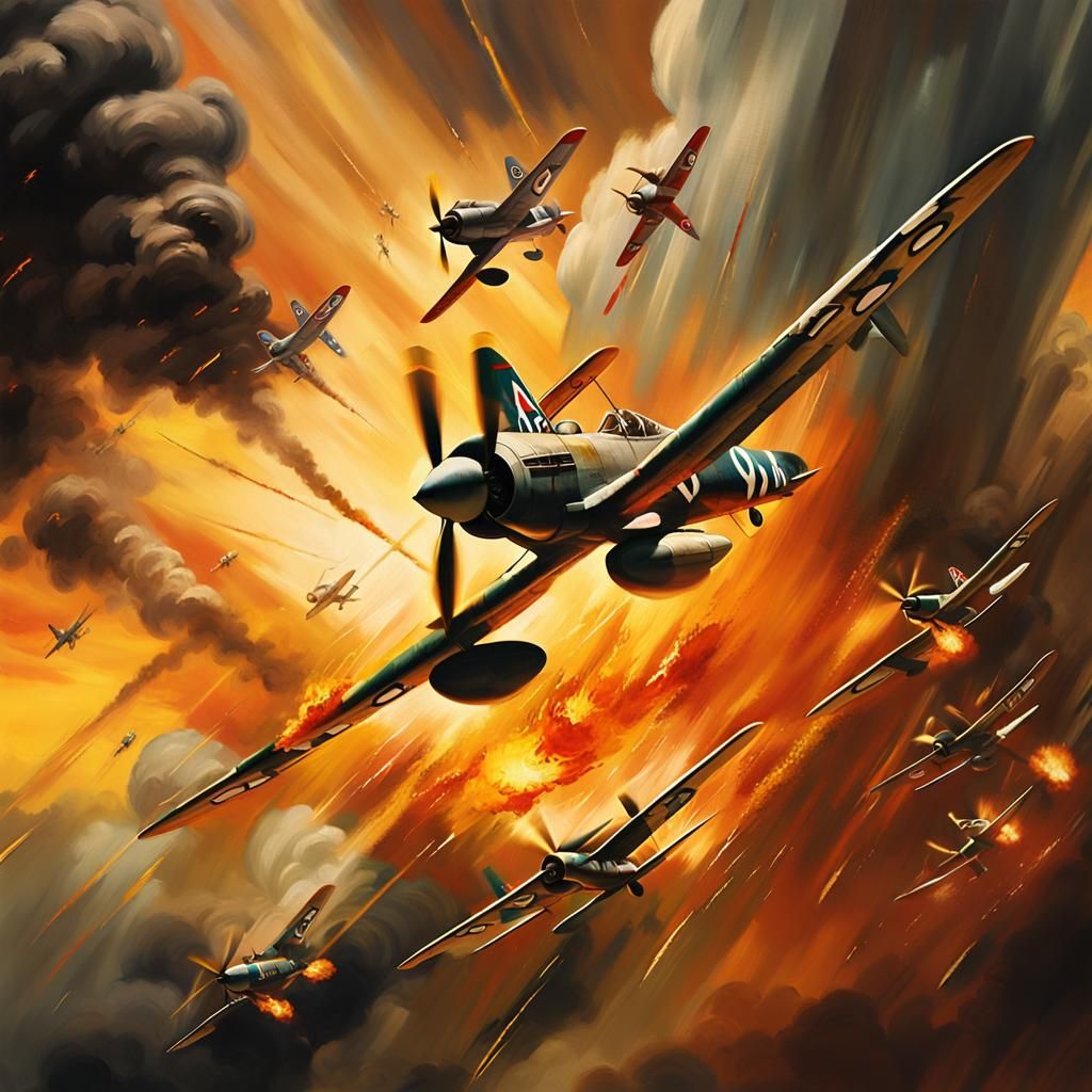 Cinematic Oil Painting of Vintage Fighter Planes in Turbulen...