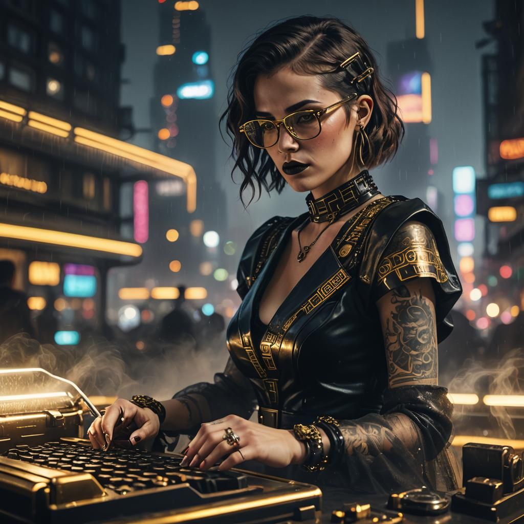 Cyberpunk Woman Writes in Neon Cityscape