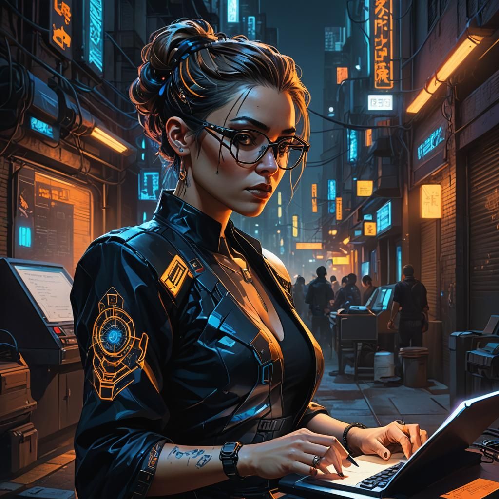Cyberpunk Woman Writing in a Dark City Alley