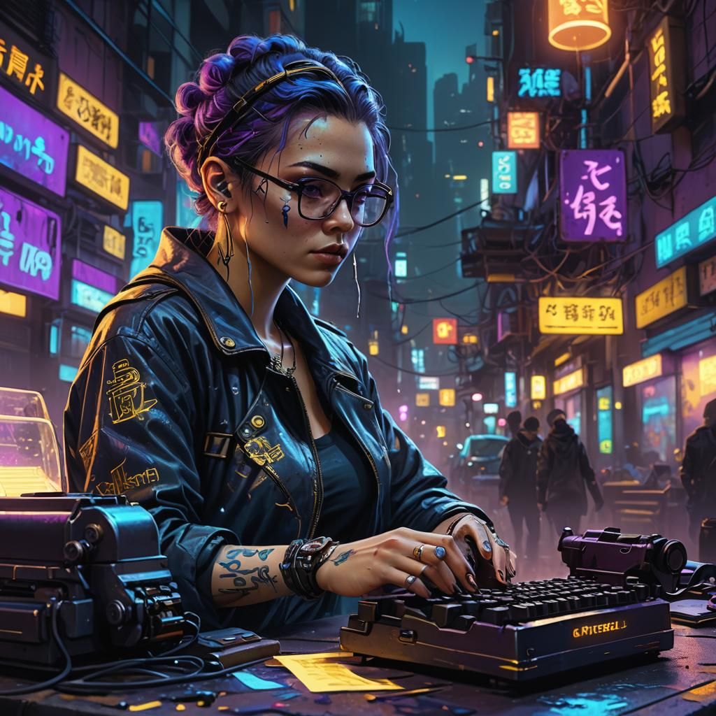 Cyberpunk Woman Typing in Neon Cityscape