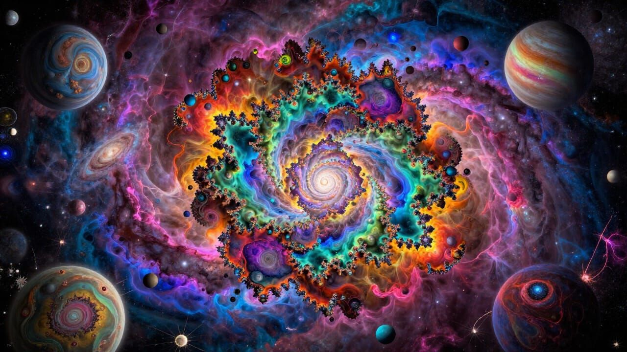 Vibrant Galaxy with Fractal Patterns in Psychedelic Hues